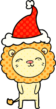 Orijinal el çizimi çizgi roman tarzı Noel Baba şapkası takan bir aslanın resmi.