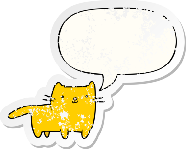 Konuşma baloncuğu olan orijinal çizgi film kedisi sıkıntılı eski bir çıkartma