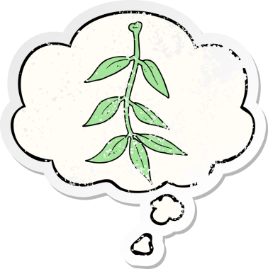 Düşünce baloncuğu ile orijinal çizgi film, yıpranmış bir çıkartma olarak ayrılır.