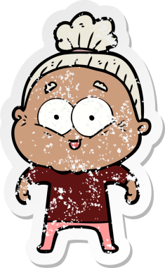 Çizgi film kahramanı mutlu yaşlı bir kadının orijinal üzgün çıkartması.