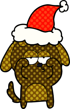 Orijinal el çizimi çizgi roman tarzı Noel Baba şapkası takan yorgun bir köpeğin çizimi.