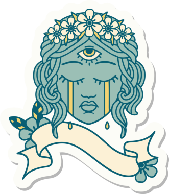 Orijinal dövme stili etiketi, mistik üçüncü gözü ağlayan kadın yüzü pankartı.