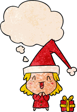 Orijinal karikatür kızı, noel şapkası takıyor ve üzerinde grunge desenli düşünce kabarcığı var.