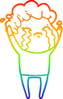 Orijinal gökkuşağı gradyan çizgi çizimi. Ağlayan bir çizgi film adamı.