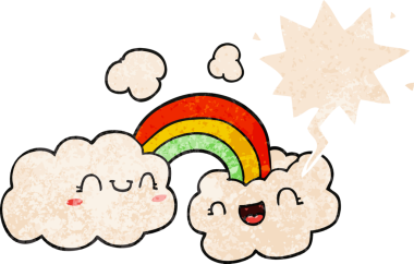 Orijinal mutlu karikatür bulutları ve gökkuşağı grunge sıkıntılı retro desenli konuşma balonu