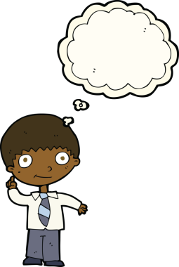 Düşünce baloncuğu fikri olan orjinal karikatür öğrencisi.