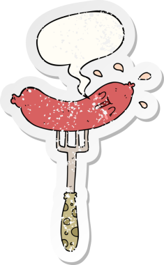 Orijinal çizgi film mutlu sosis çatal üzerinde konuşma balonu sıkıntılı eski çıkartma