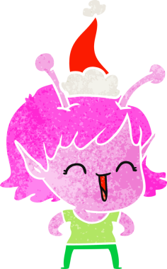Orijinal el çizimi, uzaylı bir kızın Noel Baba şapkası takıp gülüşünün karikatürü.