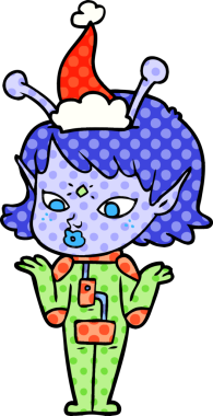 Orijinal el çizimi çizgi roman tarzı Noel Baba şapkası takan uzaylı bir kız.