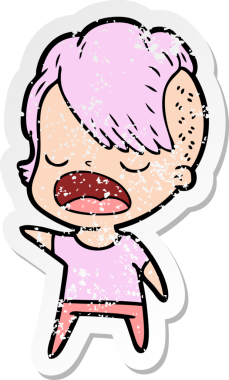 Karikatür karikatürünün orijinal sıkıntılı çıkartması. Havalı hippi kız konuşuyor.