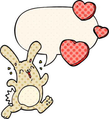 Çizgi roman tarzında konuşma baloncuğuna aşık orijinal çizgi film tavşanı