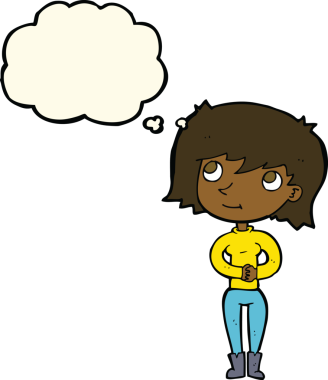 Düşünce baloncuğu olan orijinal çizgi film dostu kadın.