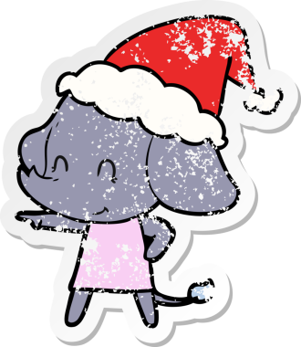 Noel Baba şapkası takan bir fil çizilmiş orijinal şirin el çizimi.