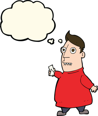 Düşünce balonlu biletleri olan asabi bir adam.