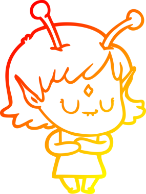 Orijinal, sıcak, çizgi film karakteri uzaylı kız çizimi.