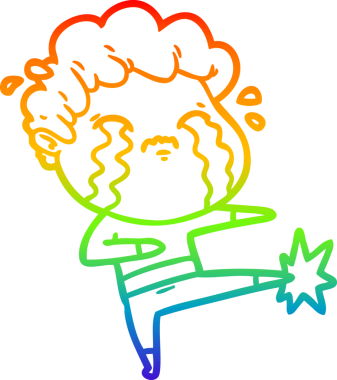 Orijinal gökkuşağı gradyan çizgi çizimi. Ağlayan bir çizgi film adamı.