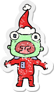 Orijinal el, Noel Baba şapkası takan ve iletişim kuran garip bir uzaylının çizilmiş çıkartması.