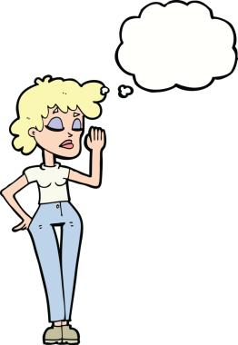 Düşünce baloncuğuyla görmezden gelen orijinal çizgi film kadını.