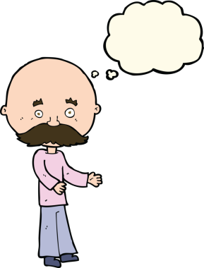 Düşünce baloncuklu bıyıklı orijinal çizgi film adamı.