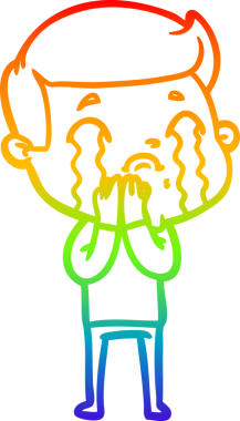 Orijinal gökkuşağı gradyan çizgi çizimi. Ağlayan bir çizgi film adamı.