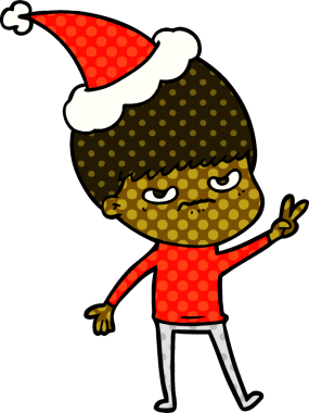 Noel Baba şapkası takan bir çocuğun orijinal çizilmiş çizgi roman çizimi.