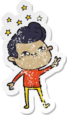 Heyecanlı bir karikatürün orijinal sıkıntılı çıkartması.