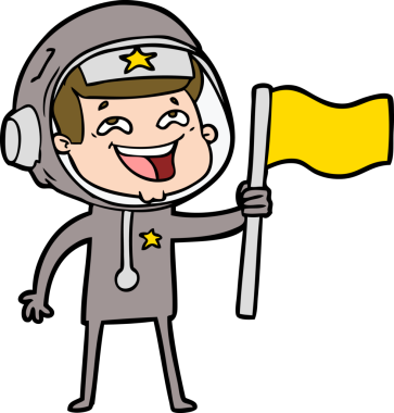 Orijinal gülen astronot bayrağı sallıyor.