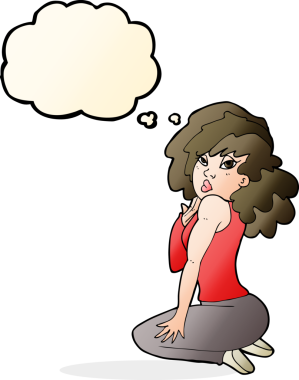 Düşünce baloncuğuyla poz veren orijinal çizgi film kadını