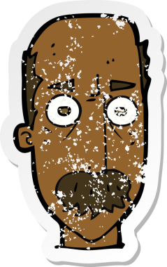 Bıyıklı bir çizgi film karakterinin özgün, kederli çıkartması.