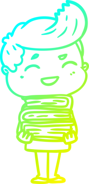 Elinde kitaplarla gülen bir çizgi film karakteri çiziyor.