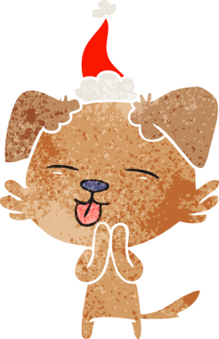 Orijinal el çizimi, Noel Baba şapkası takan, dilini dışarı çıkaran bir köpeğin eski çizgi filmi.