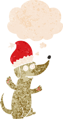 Grunge dertli retro dokulu düşünce baloncuğu ile orijinal şirin noel karikatür köpeği