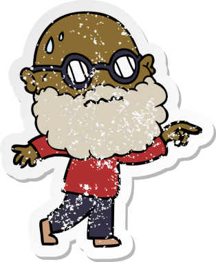 Sakallı ve gözlüklü, parmakla işaret eden endişeli bir karikatür çıkartması.