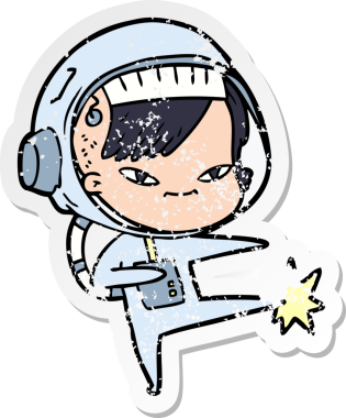 Çizgi film astronotu bir kadının orijinal sıkıntılı çıkartması.