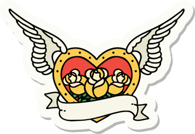 Geleneksel bir dövme stili. Çiçek ve bayrak taşıyan uçan kalp stili.