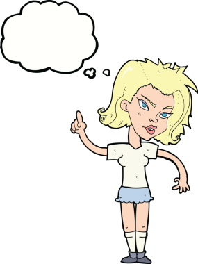 Düşünce baloncuklu orijinal karikatür kadın.