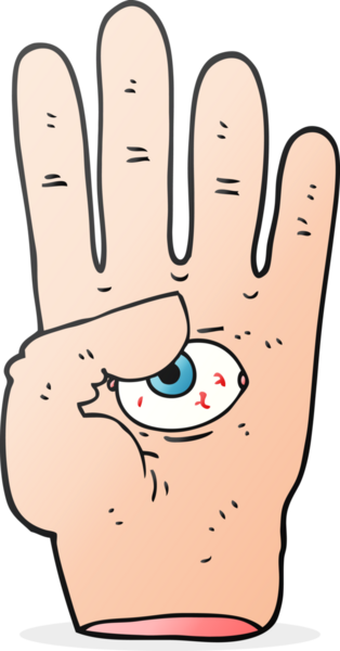 Özgün serbest çizim çizgi film göz küresiyle ürkütücü el.