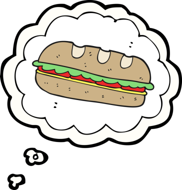 Orjinal serbest çizim düşünce balonu karikatürü. Kocaman sandviç.