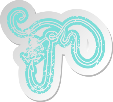 Keskin bir olta iğnesinin orijinal, sıkıntılı eski çizgi film çıkartması.