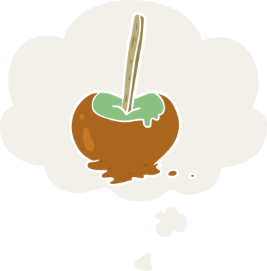 Orijinal karikatür elma şekeri. Düşünce baloncuğu ve retro tarzı.