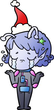 Orijinal el çizimi, ağlayan uzaylı bir kızın Noel Baba şapkası taktığı çizgi film.