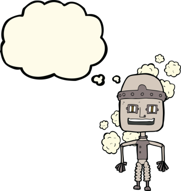 Düşünce baloncuğu olan eski komik robot.