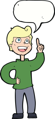 Konuşma balonuyla harika bir fikri olan orijinal çizgi film çocuğu.