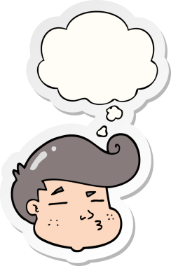 Yazılı çıkartma olarak düşünce balonlu orijinal çizgi film çocuğunun yüzü.