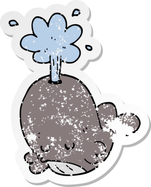 Balina fışkırtan bir çizgi filmin orijinal sıkıntılı çıkartması.