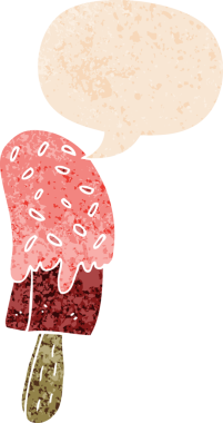 Orijinal çizgi film dondurma lolipopu ile grunge stresed retro desenli stil konuşma balonu