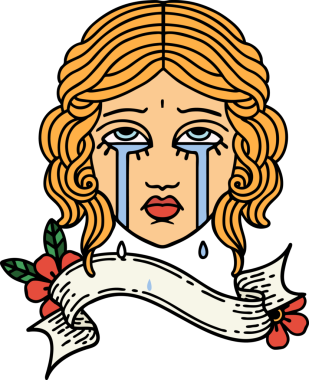 Orijinal geleneksel dövme ve kadın yüzü ağlama işareti.