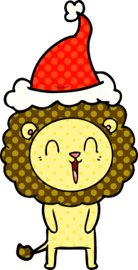 Orijinal gülen aslan eli Noel Baba şapkası takan bir çizgi roman çizimi
