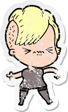 Çizgi filmdeki sinirli hippi kızın orijinal üzgün çıkartması.