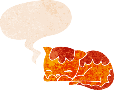 Orijinal çizgi film kedisi konuşma baloncuğuyla uyuyor grunge sıkıntı retro desenli stil